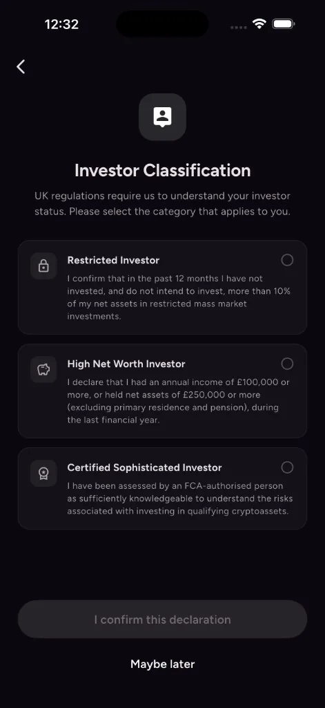 Investor categorisation screen