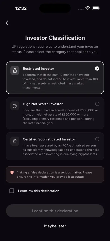 Investor categorisation with declaration