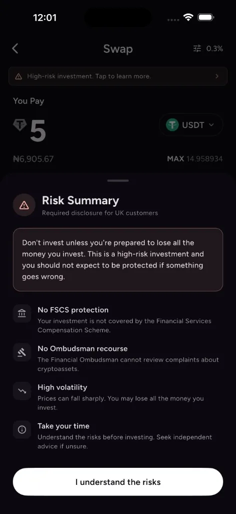 Full FCA prescribed risk summary popup